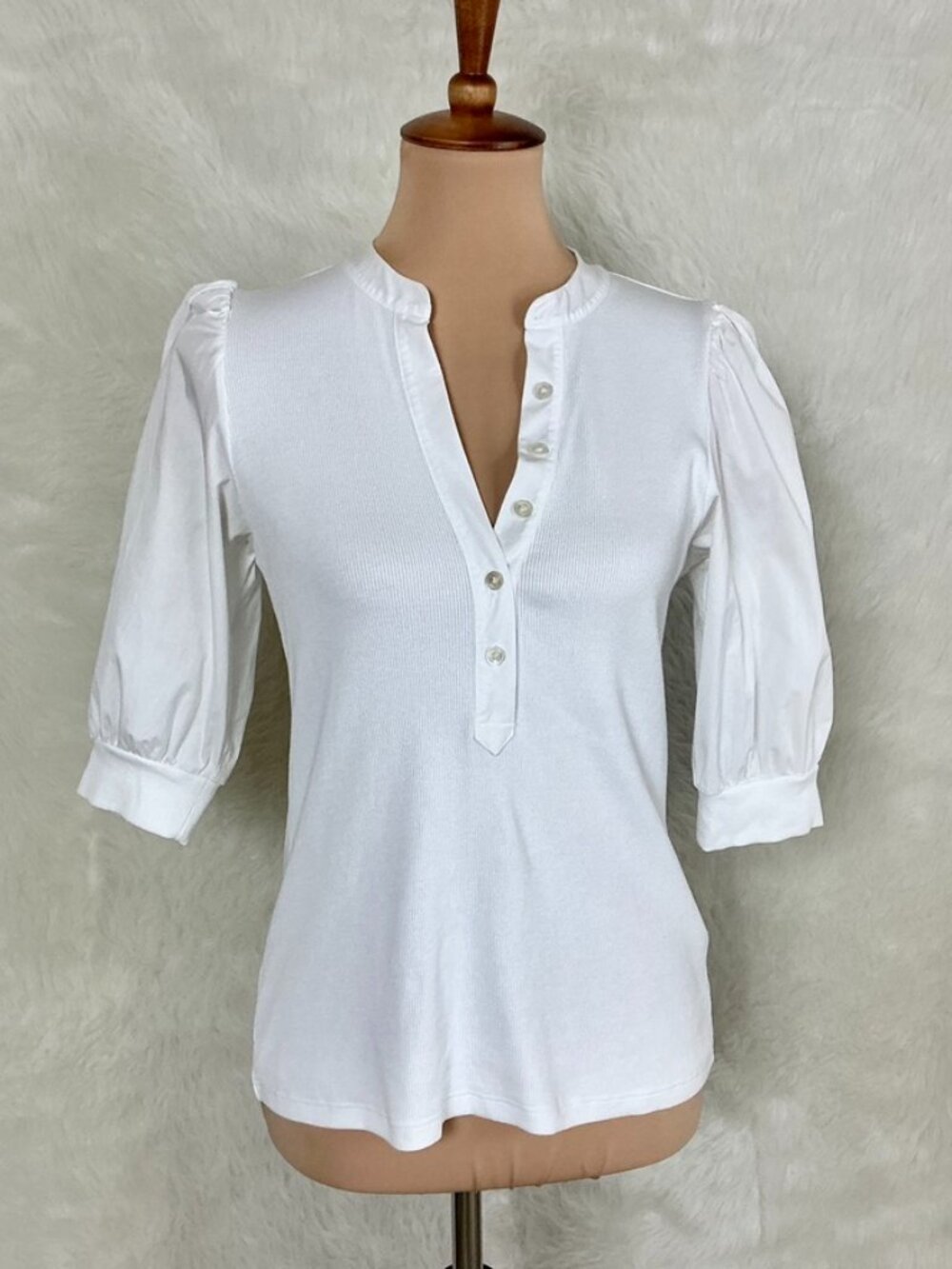 Veronica Beard White Coralee Puff Sleeve Ribbed Henley Tee Top S